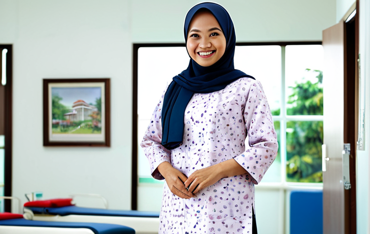**
A professional Malaysian doctor in a modest baju kurung, smiling warmly in a modern hospital setting. She is fully clothed, wearing appropriate attire. Safe for work, appropriate content, perfect anatomy, natural proportions, professional medical photography, high quality. The background features a clean, well-lit clinic with Malaysian artwork subtly displayed. Family-friendly.
**