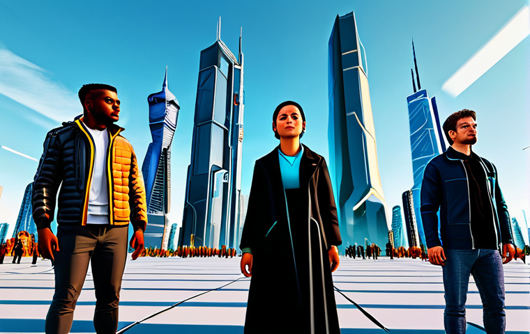 Digital Divide - Metaverse**
"A diverse group of fully clothed individuals in modest, futuristic clothing, standing on opposite sides of a digital landscape. One side is vibrant and filled with virtual skyscrapers and flying vehicles. The other side is barren and pixelated. Focus on the contrast and the expressions of the individuals. Perfect anatomy, correct proportions, natural pose, well-formed hands, proper finger count, natural body proportions, professional digital art, safe for work, appropriate content, fully clothed, professional, family-friendly."
**