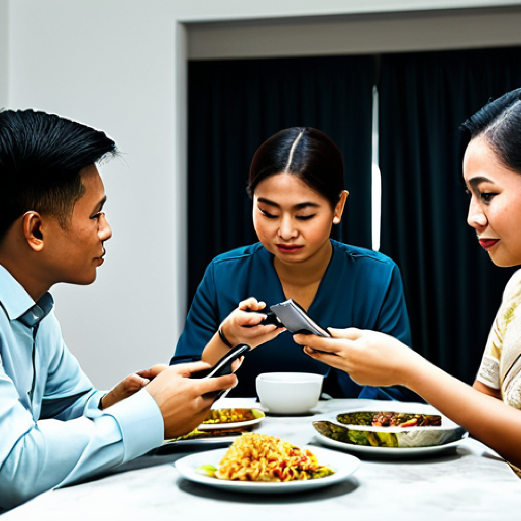 Family Gathering Disconnected**
"A family of four seated around a dining table at a modern Malaysian home, fully clothed in modest traditional attire. The parents and children are all absorbed in their smartphones, ignoring each other. The dining table has delicious Malaysian food. Soft, diffused lighting, safe for work, appropriate content, family-friendly, perfect anatomy, correct proportions, natural pose, professional photography, high quality."
**