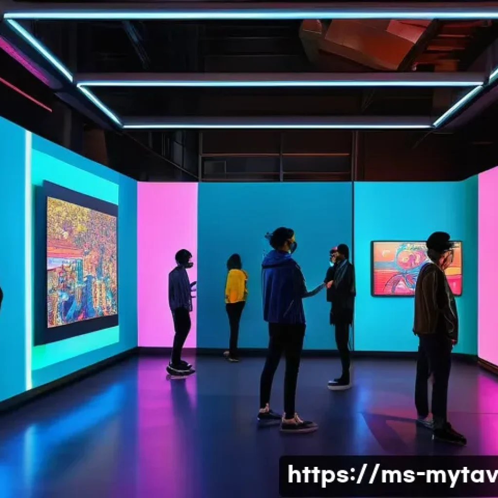 메타버스와 사회적 자원 관리 - A vibrant virtual community art exhibition set in a futuristic metaverse space in Kuala Lumpur, feat...