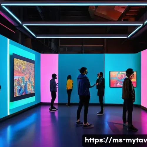 Home 30 메타버스와 사회적 자원 관리 - A vibrant virtual community art exhibition set in a futuristic metaverse space in Kuala Lumpur, feat...