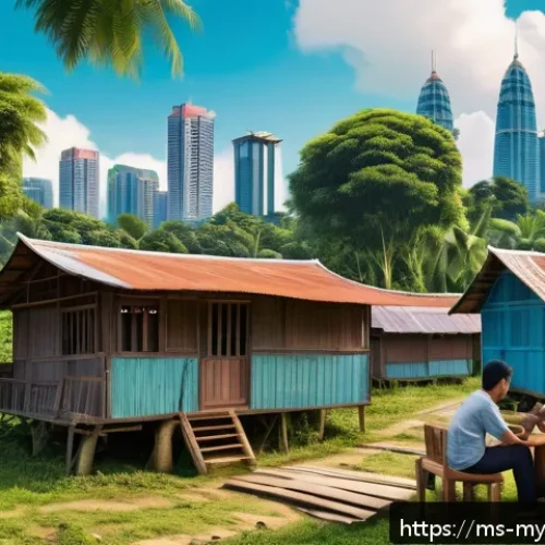 Home 29 메타버스에서의 경제적 불평등의 원인 - A detailed digital art scene depicting a rural Malaysian village with limited internet infrastructur...