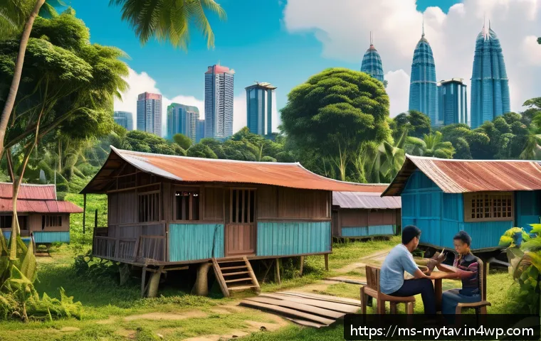 메타버스에서의 경제적 불평등의 원인 - A detailed digital art scene depicting a rural Malaysian village with limited internet infrastructur...