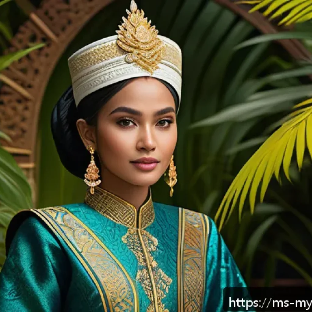 가상 현실에서의 사회적 상징과 의미 - A detailed digital avatar dressed in traditional Malay attire, featuring a vibrant songket fabric wi...