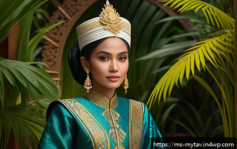 가상 현실에서의 사회적 상징과 의미 - A detailed digital avatar dressed in traditional Malay attire, featuring a vibrant songket fabric wi...